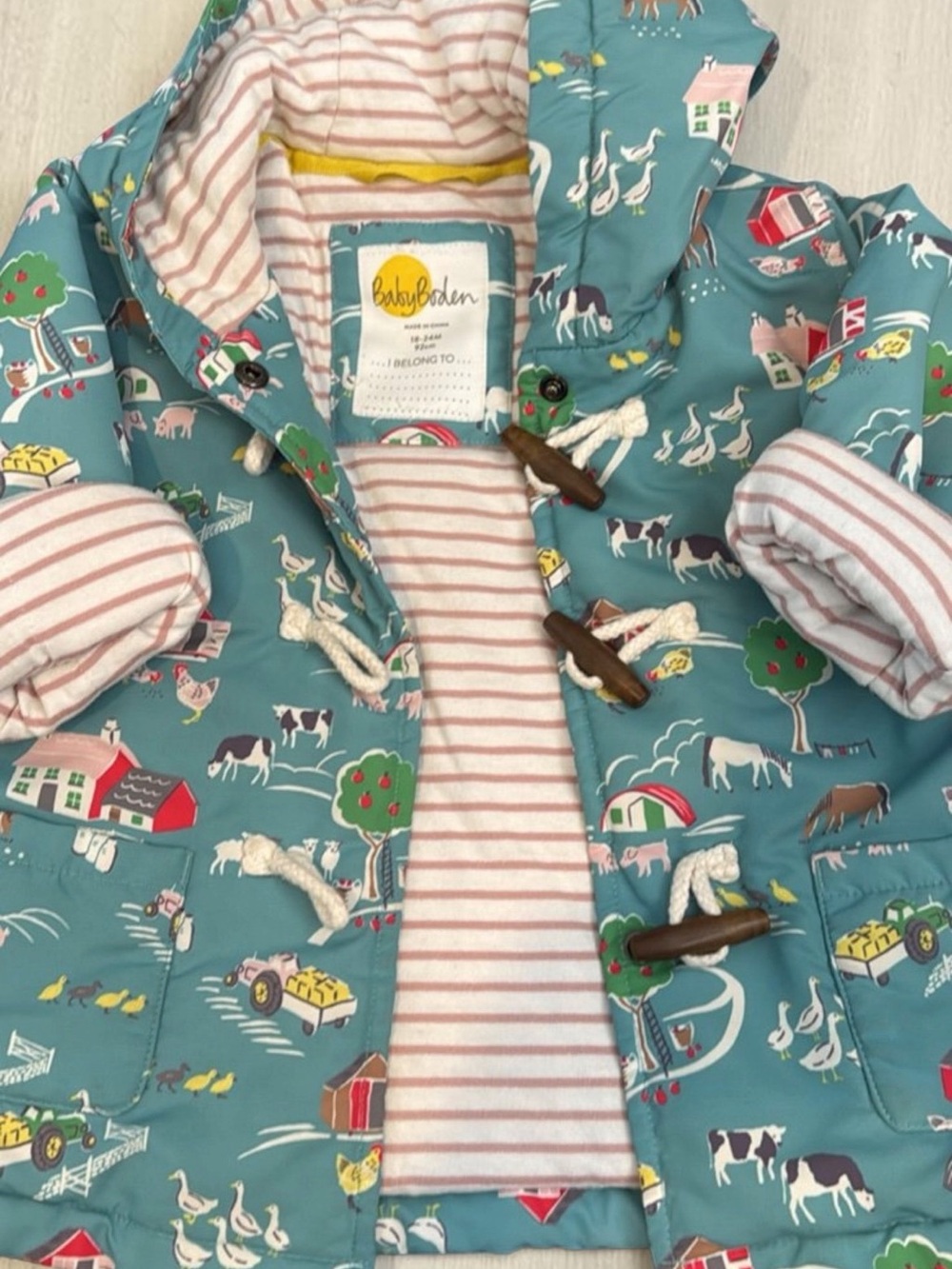Baby Boden Teal Farm-Print Toggle Coat with Pink Striped Lining 12-18mo